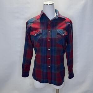 Vintage Pendleton Shirt Womens Medium Red Blue Plaid Wool Western Snap Front 70s